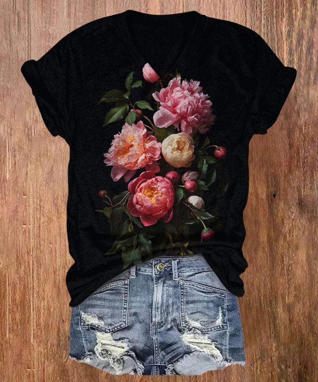 Peony Flower Art Print Casual V-neck T-shirt
