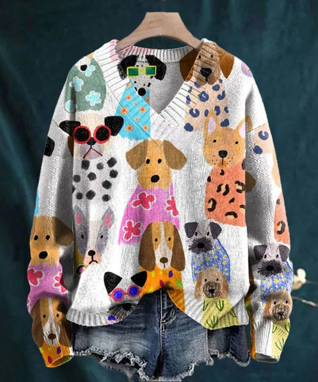 Colorful Fun Cartoon Puppy Print Causal V-neck Pullover Unisex Sweater