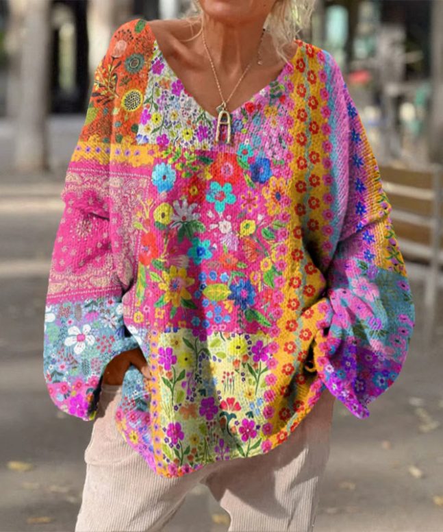 Bohemian Patchwork Cute Flower Print V-neck Pullover Sweater