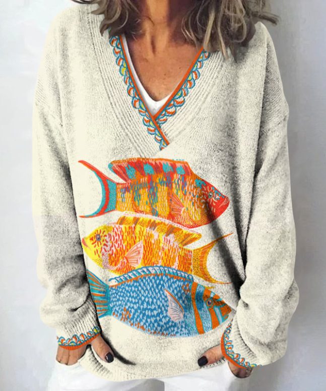 Fish Art Print Causal V-neck Pullover Sweater