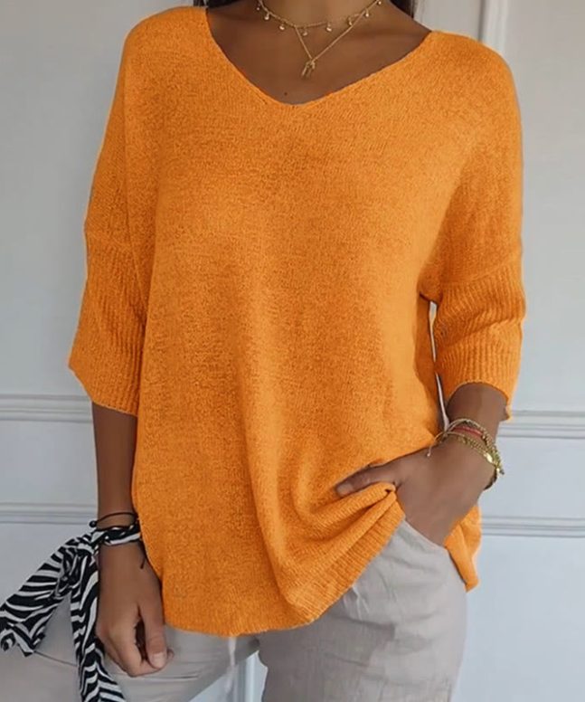 Casual V-neck Three-quarter Sleeve Knitted Top