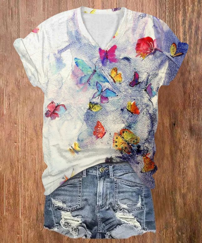 Flying Rainbow Butterflies Watercolor Print V-neck T-shirt