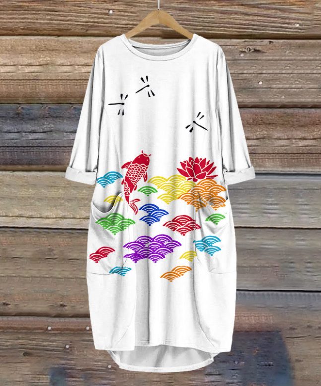Japanese Style Rainbow Wave Koi Print Crew Neck Dress