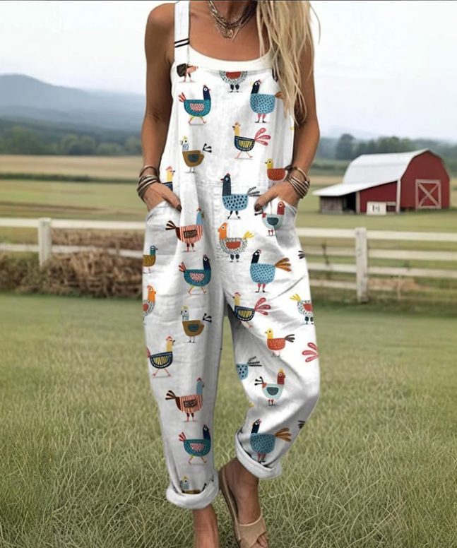 Women's Funny Farm Chicken Pattern Casual Cotton Wide Leg Jumpsuit