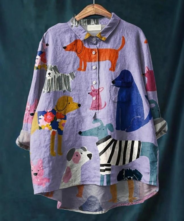 Women's Dog Art Print Casual Cotton And Linen Shirt