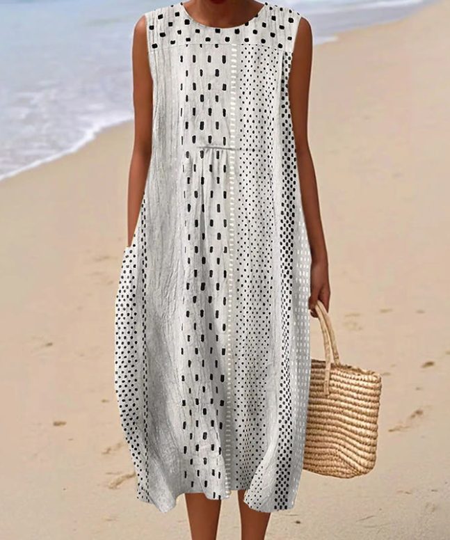 Women's Vintage Abstract Geometry Art Print Sleeveless Cotton Pocket Wrap Dress