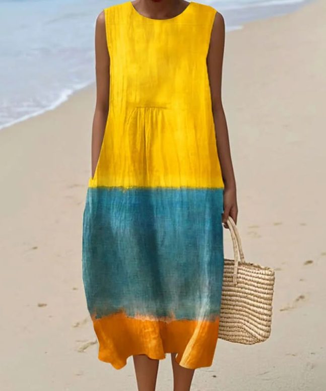 Women's Vintage Abstract Geometric Color Blocks Art Print Sleeveless Cotton Pocket Wrap Dress