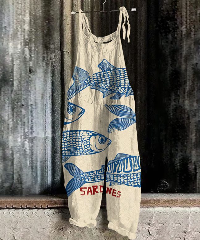 Japanese Style Cute Sardines Art Print Casual Jumpsuit