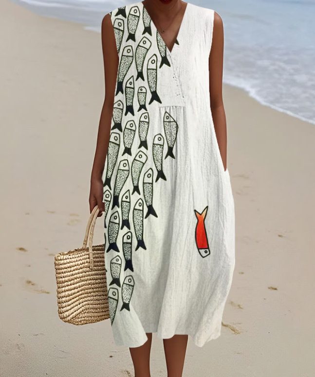 Cute Simple Lines Abstract Geometric Fish Art Print  V-neck Sleeveless Dress