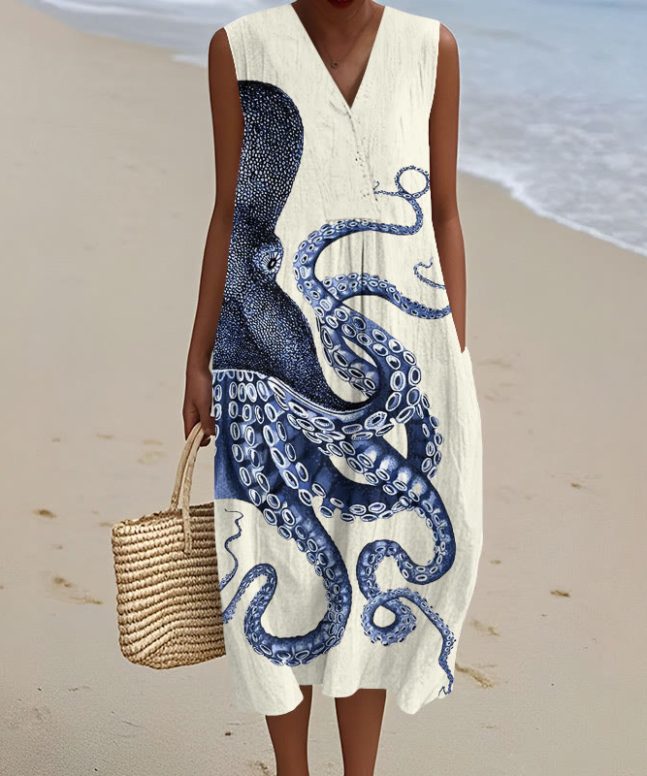 Japanese Art Octopus Graphic Art Print V-neck Sleeveless Dress