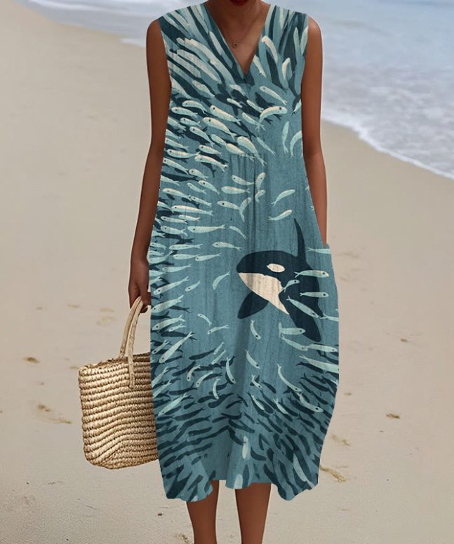 Orca And Herring Ball Art Print V-neck Sleeveless Dress