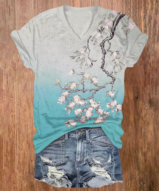 Japanese Watercolor Print Rabbits On The Tree V-neck T-shirt