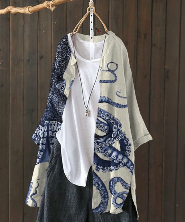 Japanese Art Octopus Graphic Print Cardigan