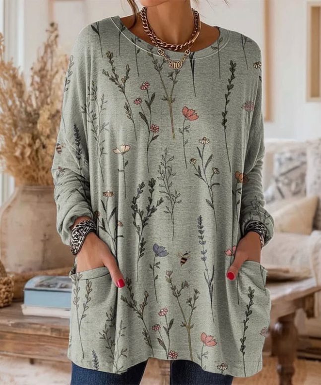 Retro Floral Art Print Long Sleeved T-Shirt