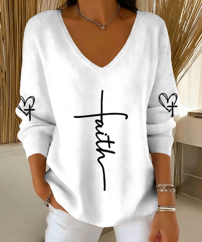 Women's Faith Print V-Neck Long Sleeve Sweater