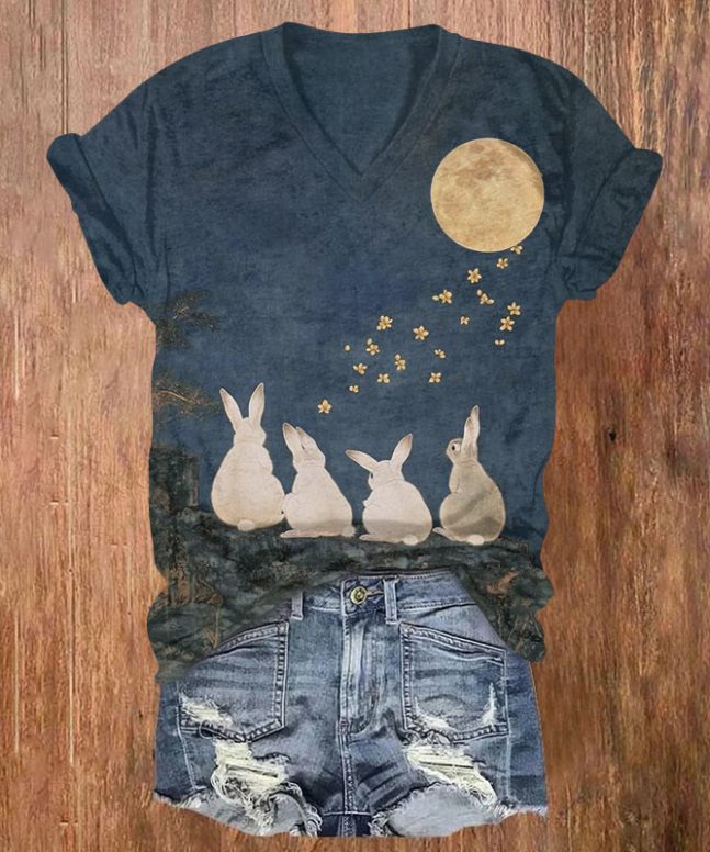 Japanese Retro Bunnies And The Moon Print Short Sleeved V-neck T-shirt