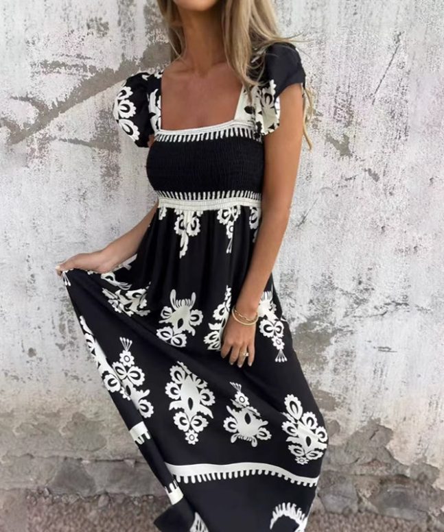 Boho Beach Ethnic Print Ruffled Strappy Maxi Dress
