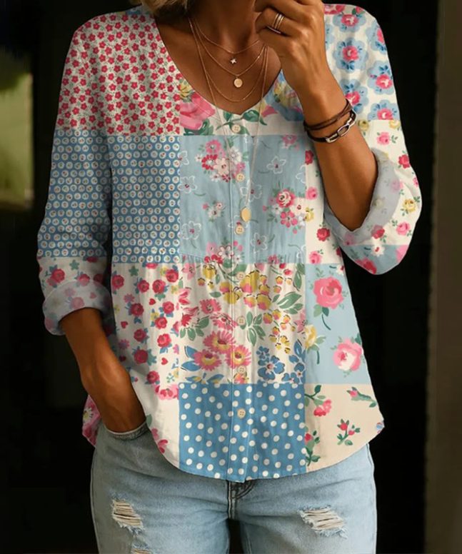 Pastoral Romantic Floral Patchwork Print Button V-neck A-line Long Sleeve Blouse
