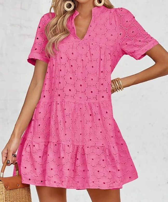 Elegant Openwork Lace Short-sleeve Babydoll Dress