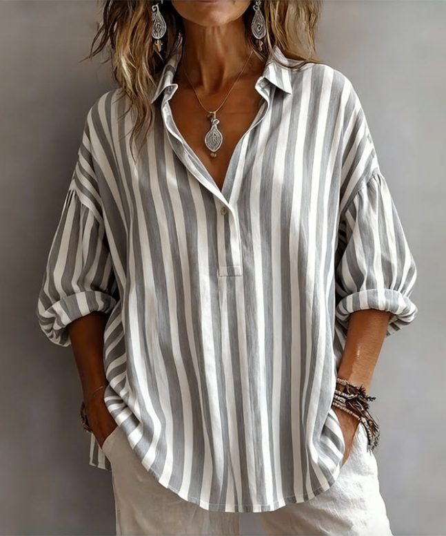 Women's Loose-fit Casual Striped Long-sleeve Shirt