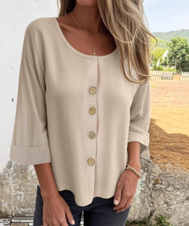 Simple Solid Round-neck Button 3/4-sleeve Blouse