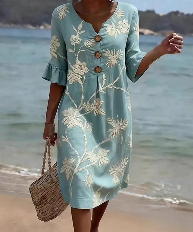 Boho Floral Notched Collar Button Ruffled Half Midi Dress