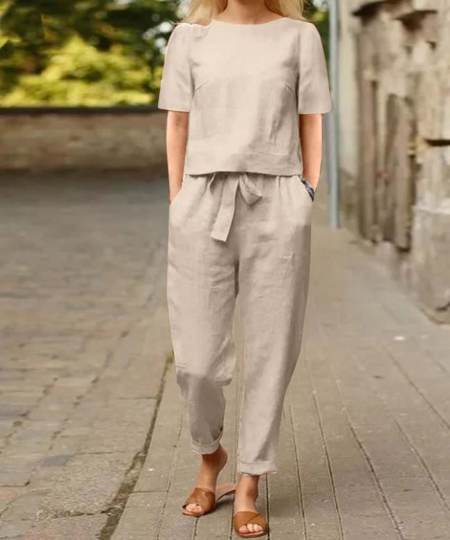 Casual Cozy Loose-Fit Solid Half Sleeve Blouse&Pants Set