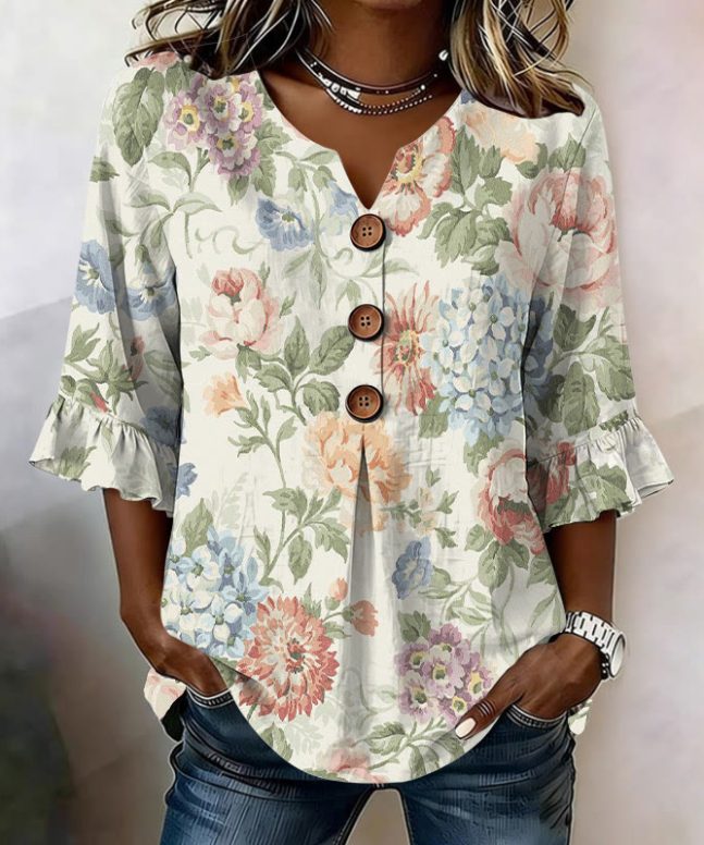 Vintage Florals Pattern Print Button V-neck Blouse With Ruffle Sleeves