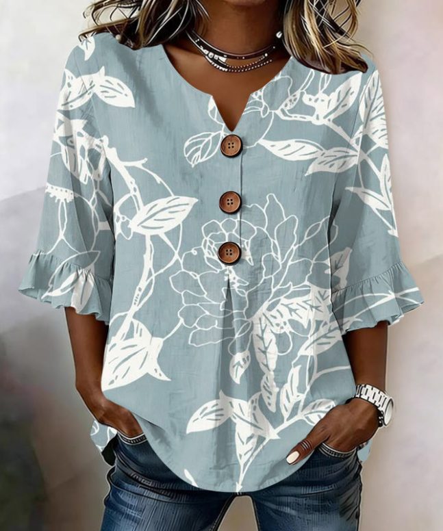 Chic Nature-inspired Print Button V-neck Blouse With Ruffle Sleeves