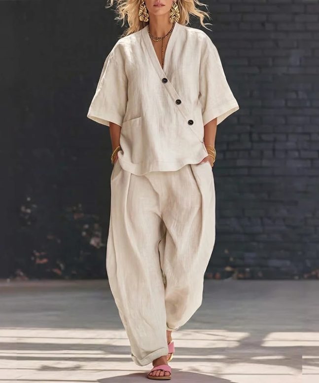 Cozy Solid Loose-fitting 3/4 Sleeve Blouse&wide-leg Pants Set