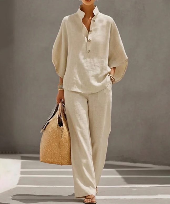 Casual Solid Loose-fitting 3/4 Sleeve Blouse&wide-leg Pants Set