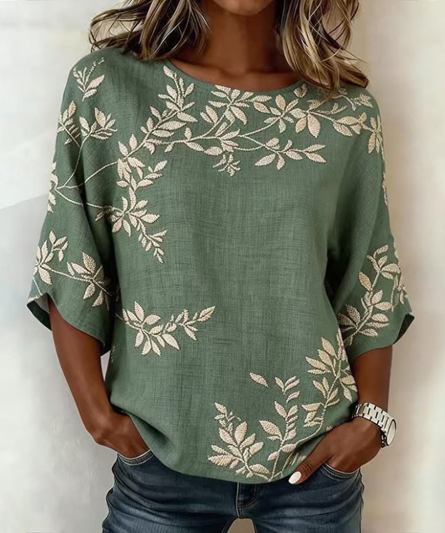 Casual Floral Print Round Neck 3/4 Sleeve Blouse