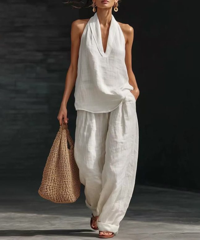 Cozy Loose-fitting Solid Lapel Halter-neck Sleeveless Top&pants Set